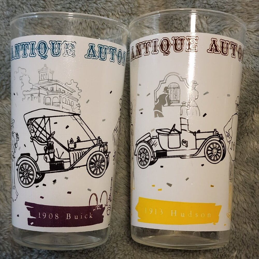 2) Anchor Hocking Antique Auto Tumblers 5" glasses Tom Collins Hudson Buick cars